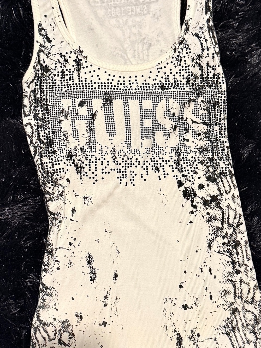 Vintage Las Angeles Guess White with Black Crystals and Snake Skin Design Tank